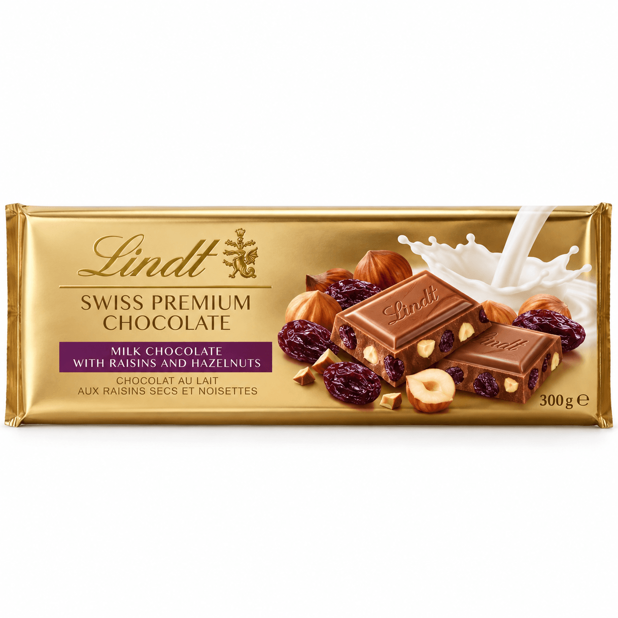 شکلات لینت شیری با کشمش و فندق ۳۰۰ گرمی | Lindt Milk Chocolate with Raisins & Hazelnuts