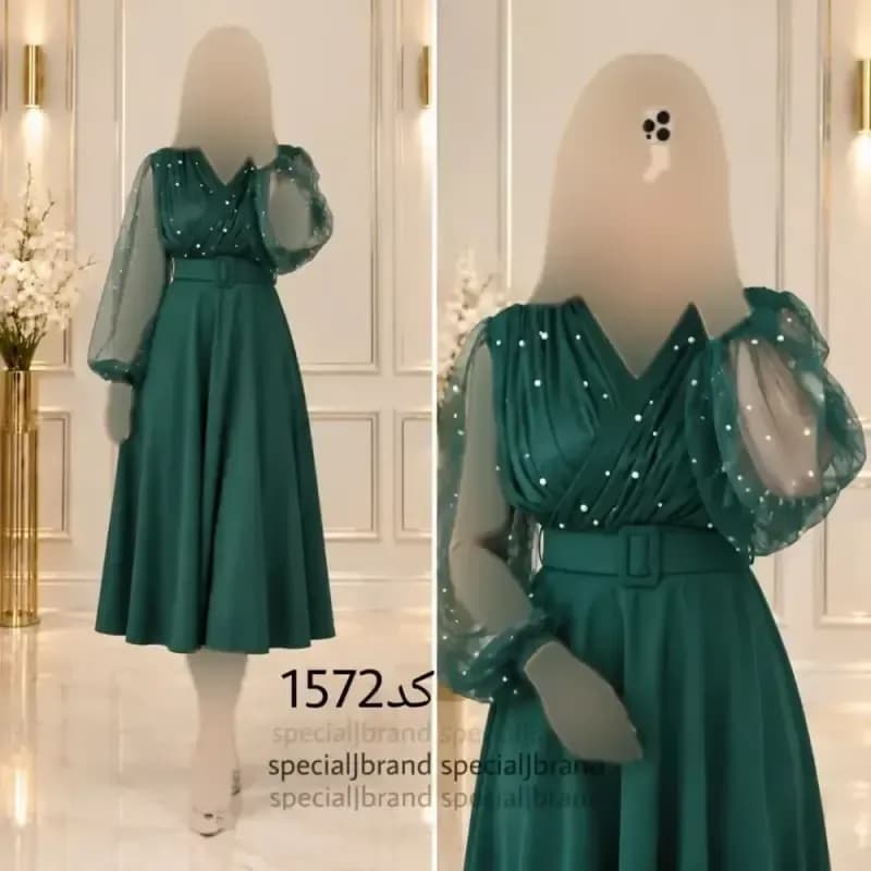تونیک مجلسی لیبرا جنس غواصی کمربند دار و مروارید پانچی — تصویر ۷