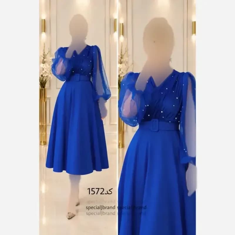 تونیک مجلسی لیبرا جنس غواصی کمربند دار و مروارید پانچی — تصویر ۵