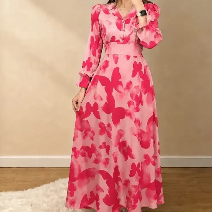 پیراهن بلند زنانه کرپ الیزه آستین عروسکی کمربنددار