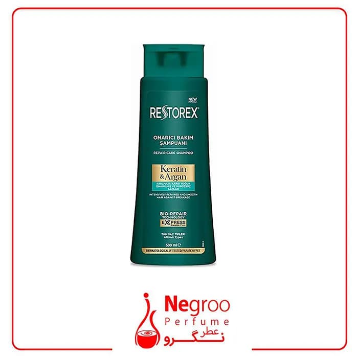 شامپو ترمیم کننده آرگان و کراتین رستورکس restorex حجم 500 میل/اورجینال