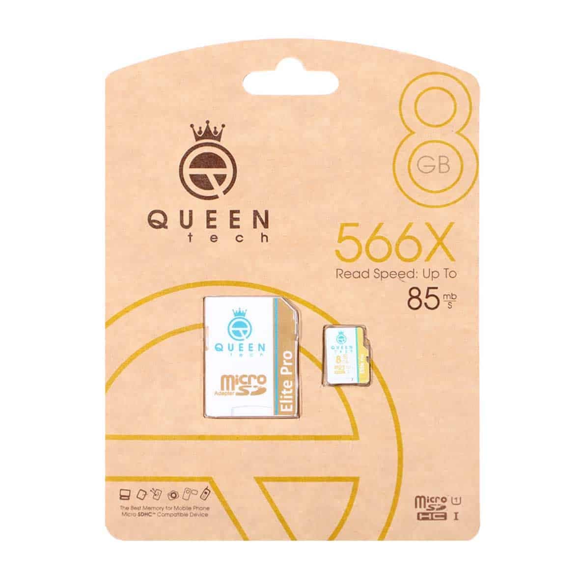 Queen tech microSDHC & adapter U1 Class 10 566X -85MB/s-8GBسفید طلایی