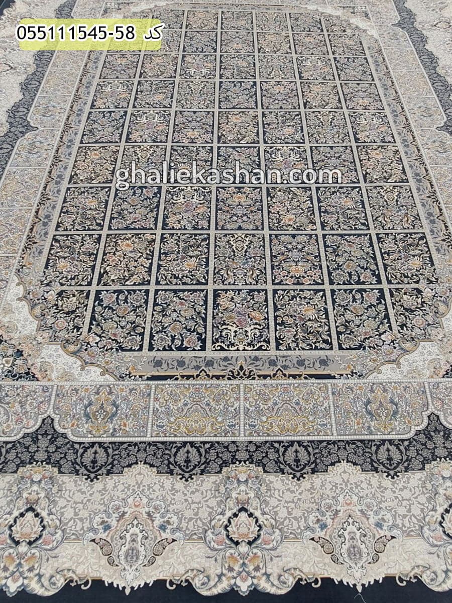 فرش 1500 شانه خشتی طرح مرداس زمینه ذغالی کاشان – گل برجسته — تصویر ۴
