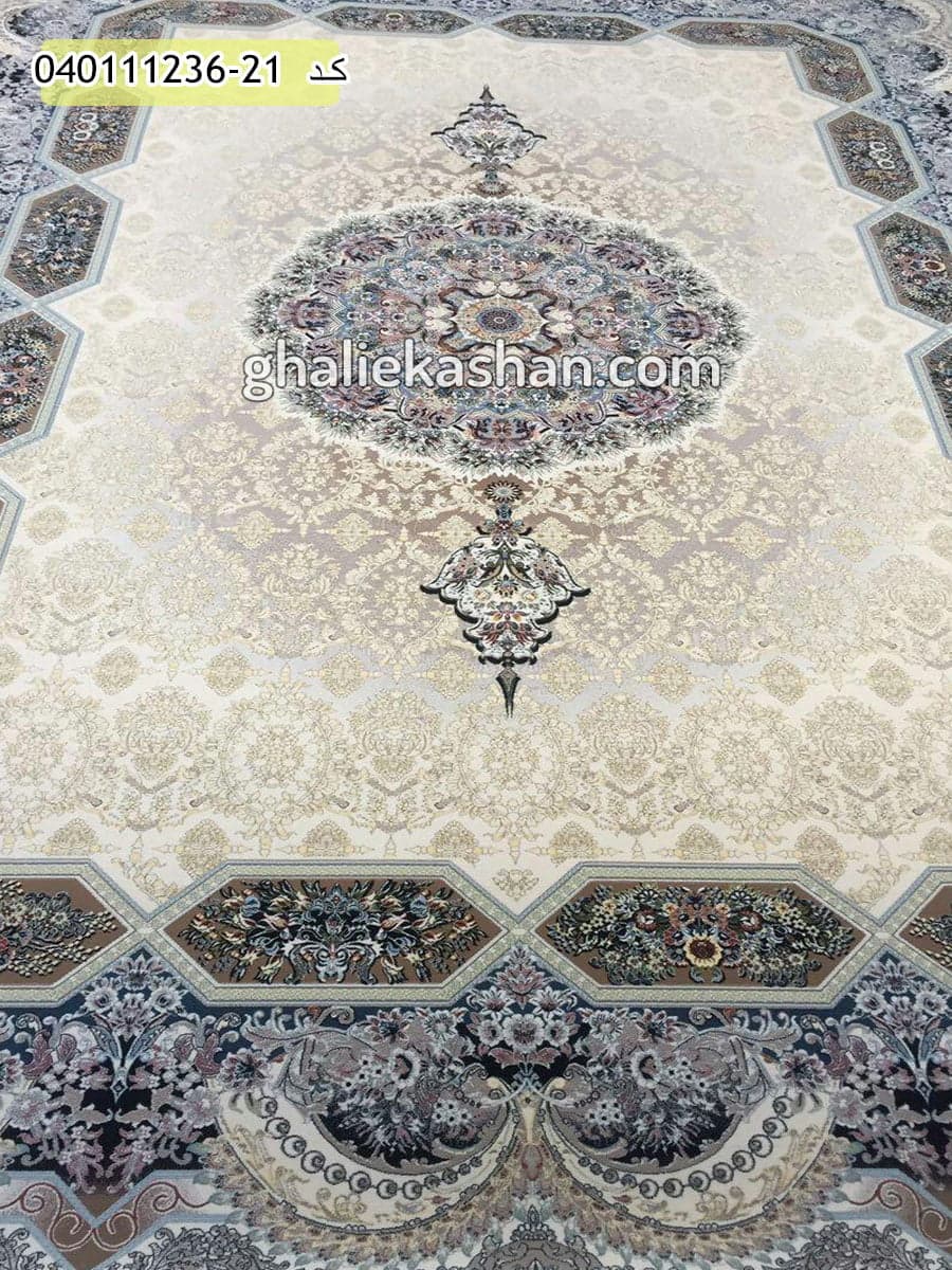 فرش 1200 شانه طرح هالیدی زمینه بادامی کاشان – گل برجسته — تصویر ۲
