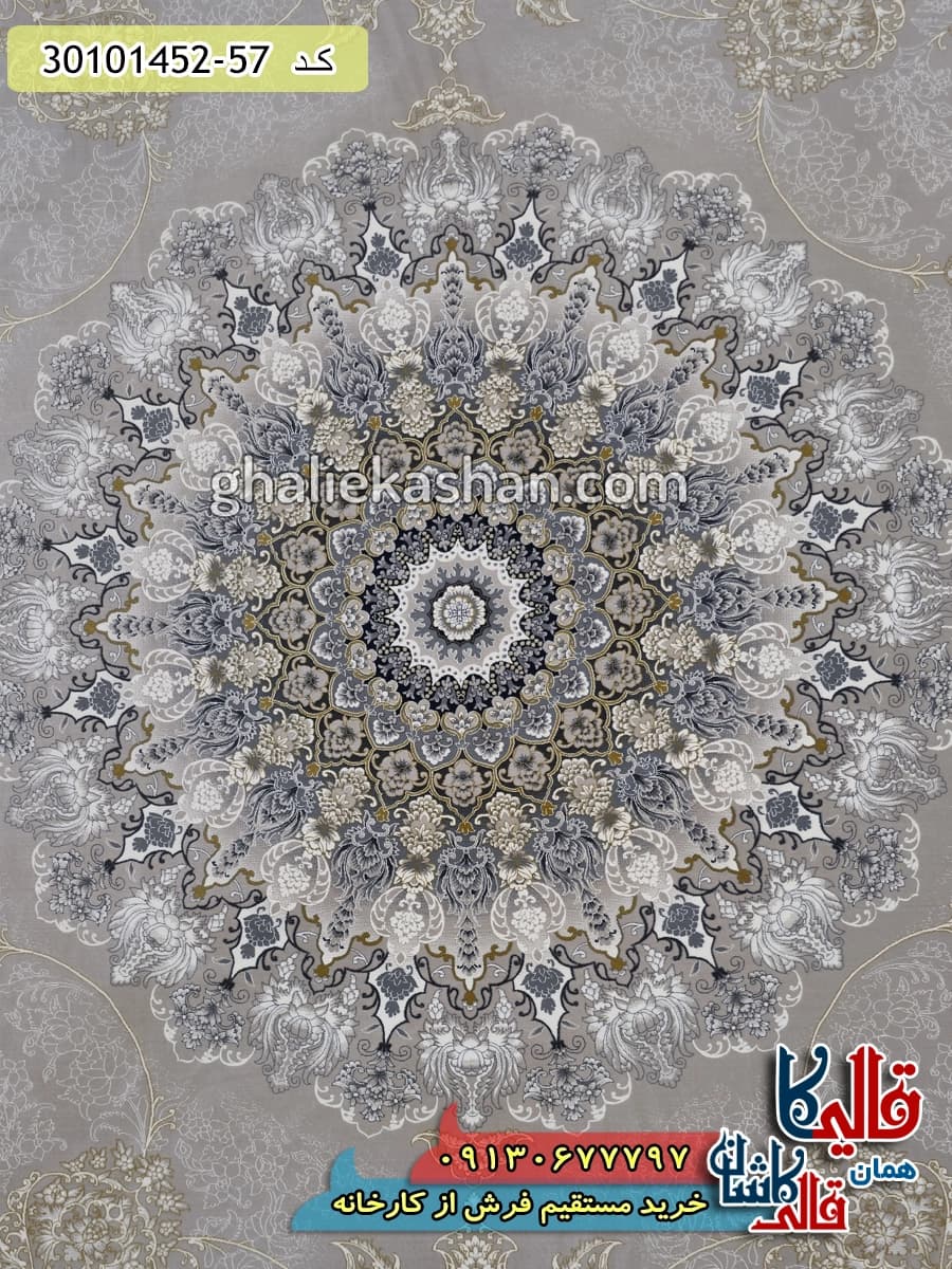فرش طلاکوب 1500 شانه طرح معراج زمینه صدفی کاشان – گل برجسته — تصویر ۴