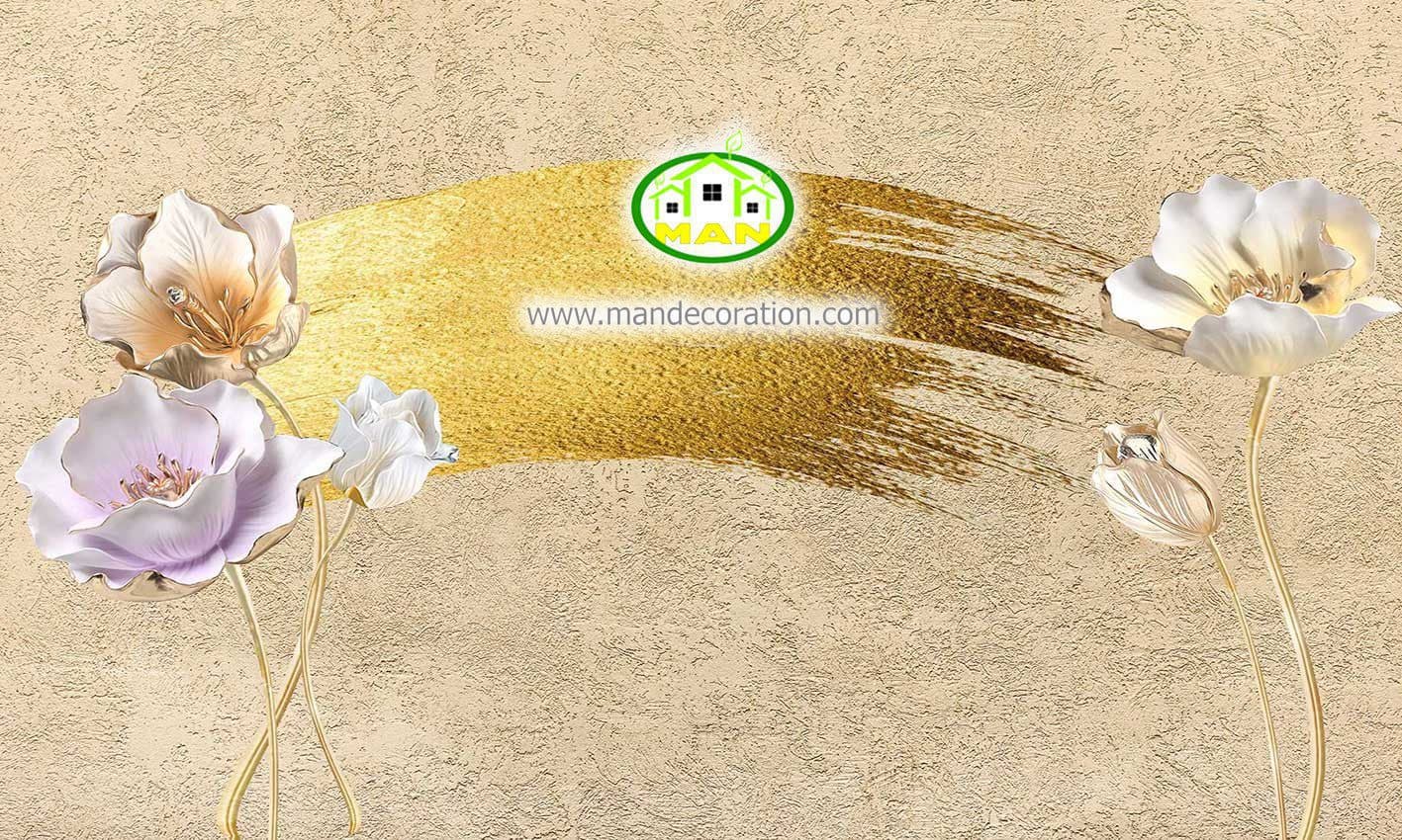پوستردیواری گل طلایی سه بعدی با پس زمینه پتینه کد 5223