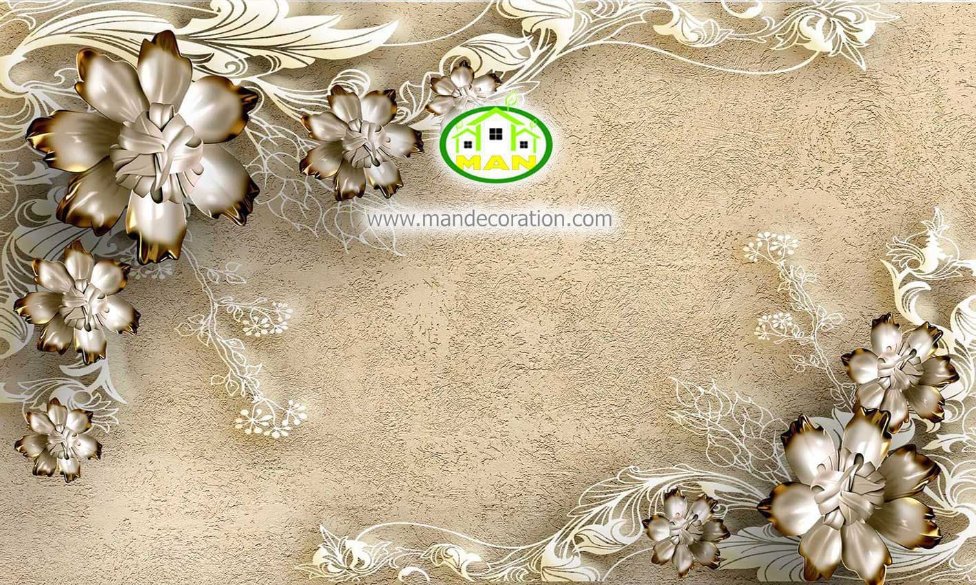 پوستردیواری گل طلایی سه بعدی با پس زمینه پتینه کرم رنگ کد 5000