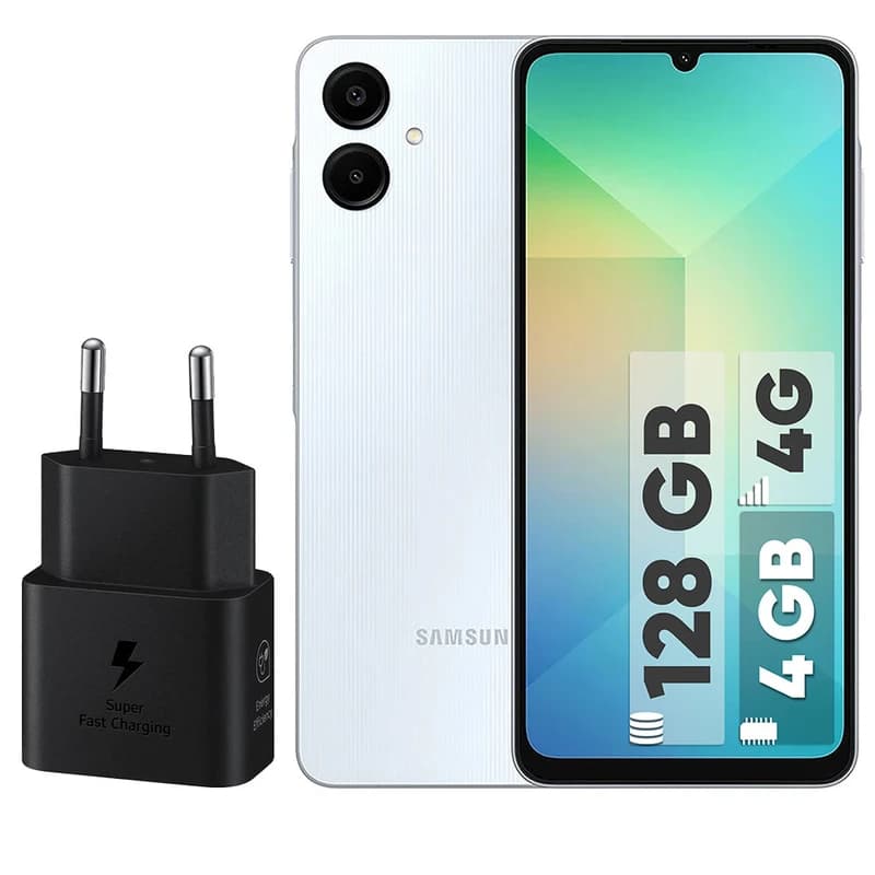 گوشی موبایل سامسونگ مدل Galaxy A06 دو سیم کارت ظرفیت 128 گیگابایت و رم 4 گیگابایت – به همراه شارژر دوپین 25 وات سامسونگ