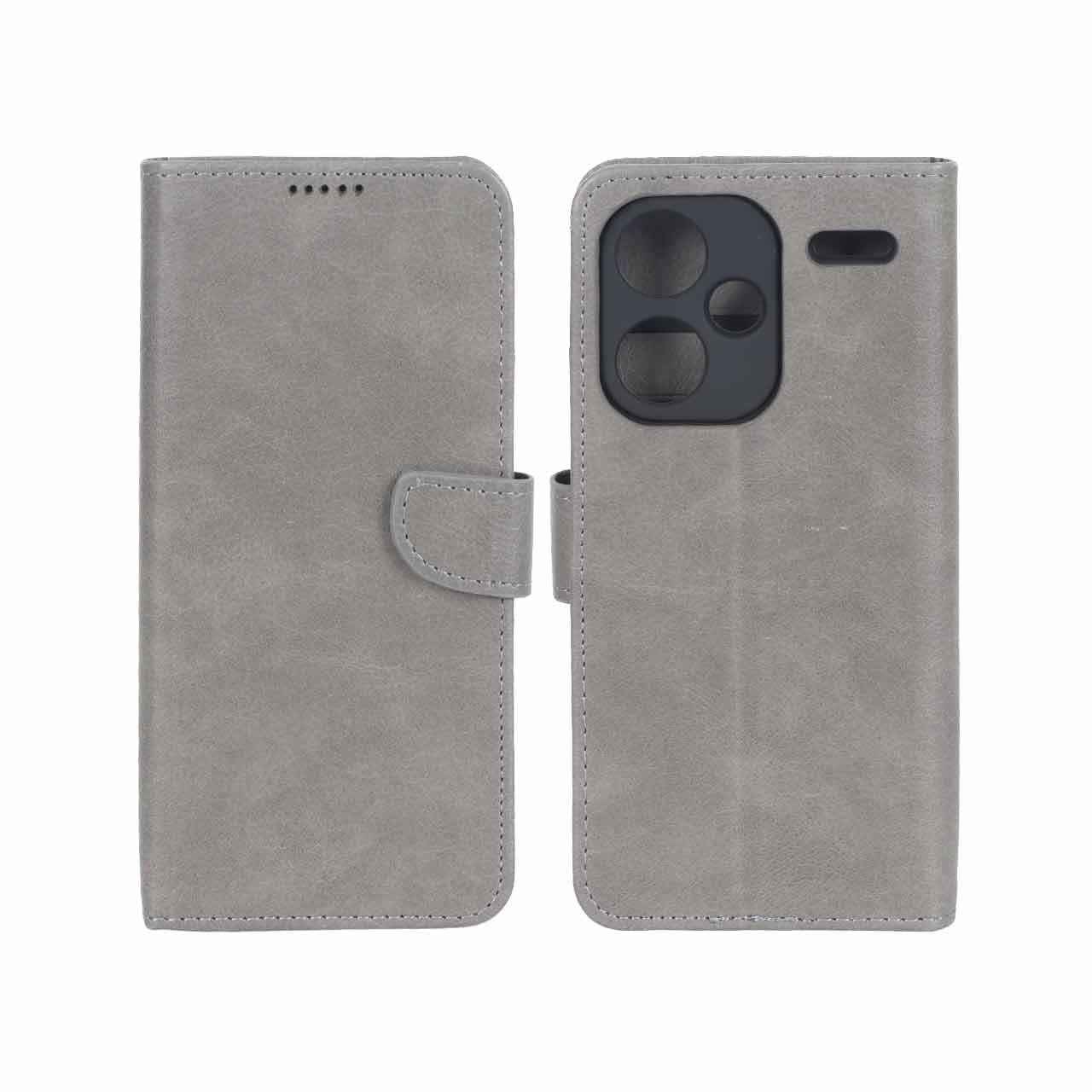 کیف چرمی موبایل مگنتی محافظ لنزدار KRF مدل Xiaomi Redmi Note 13 Pro Plus 5G – طوسی