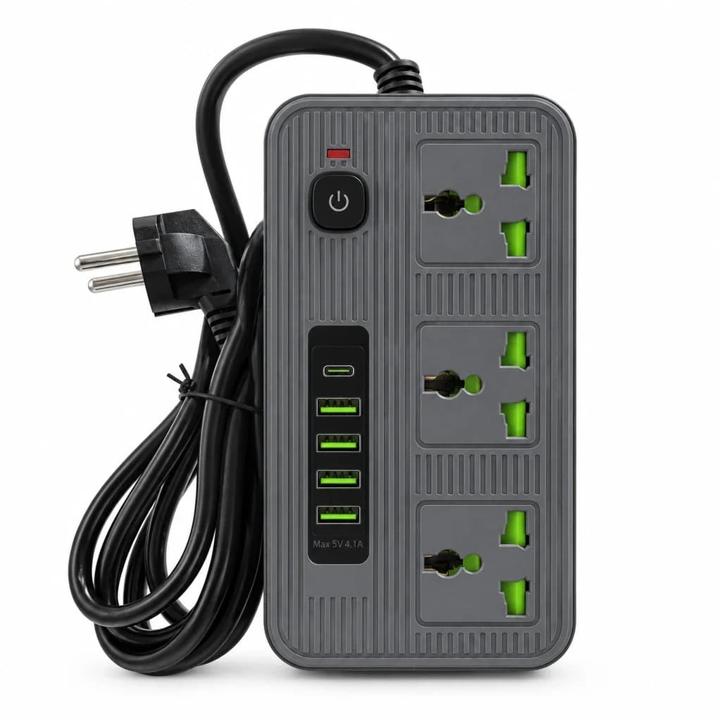 چند راهی برق پاور سوکت ۳ خانه به همراه ۴ پورت USB و ۱ پورت Type-C کابل ۲ متری