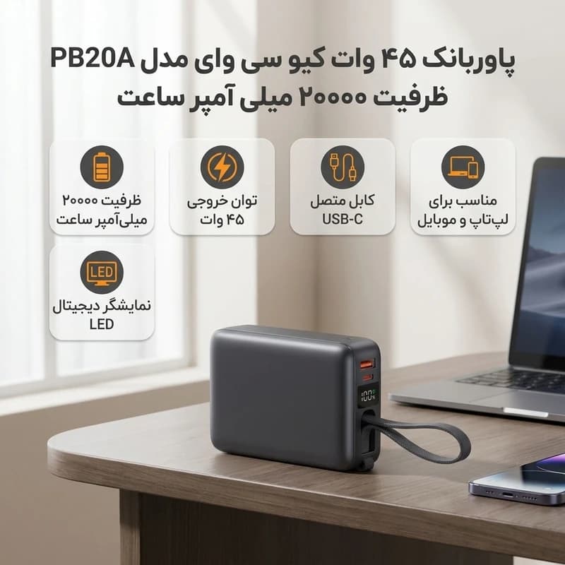 پاور بانک 45 وات کیو سی وای مدل PB20A ظرفیت 20000 میلی آمپر ساعت — تصویر ۳