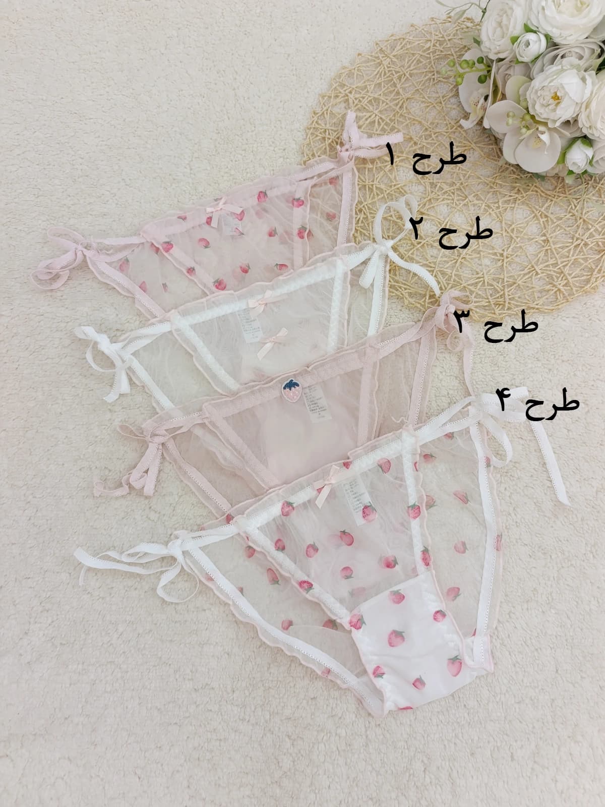 شورت گره ای نخی فانتزی توت فرنگی شیشه ای کد 110 — تصویر ۲