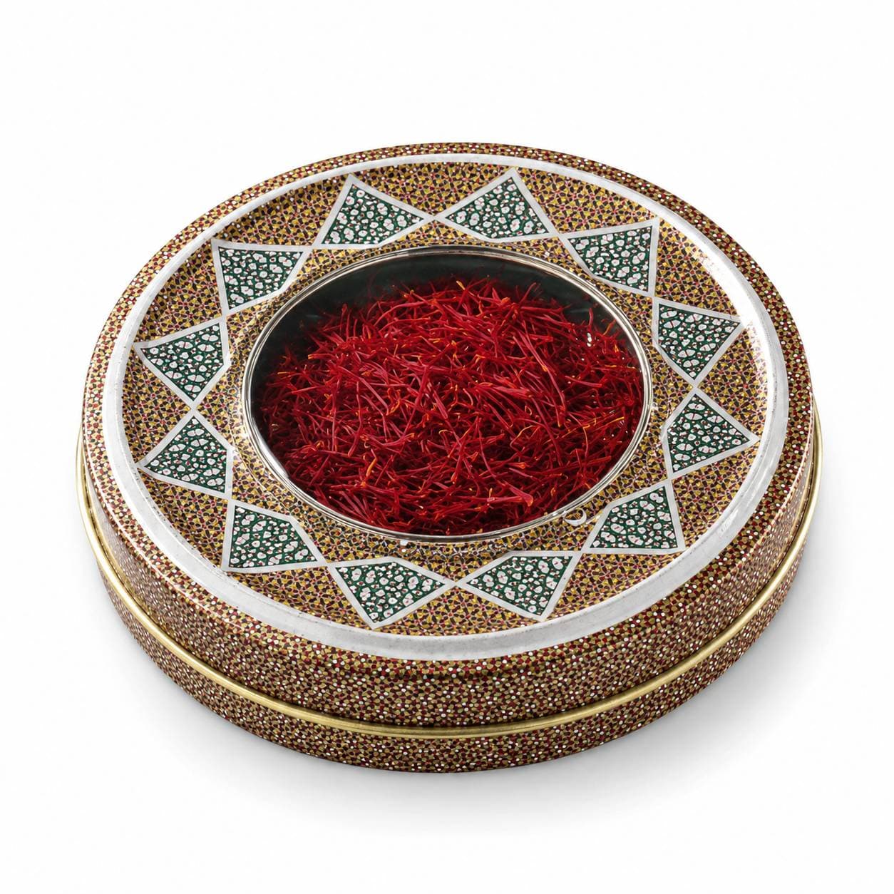 زعفران سوپر نگین ۱ مثقالی در ظرف سنتی خاتم