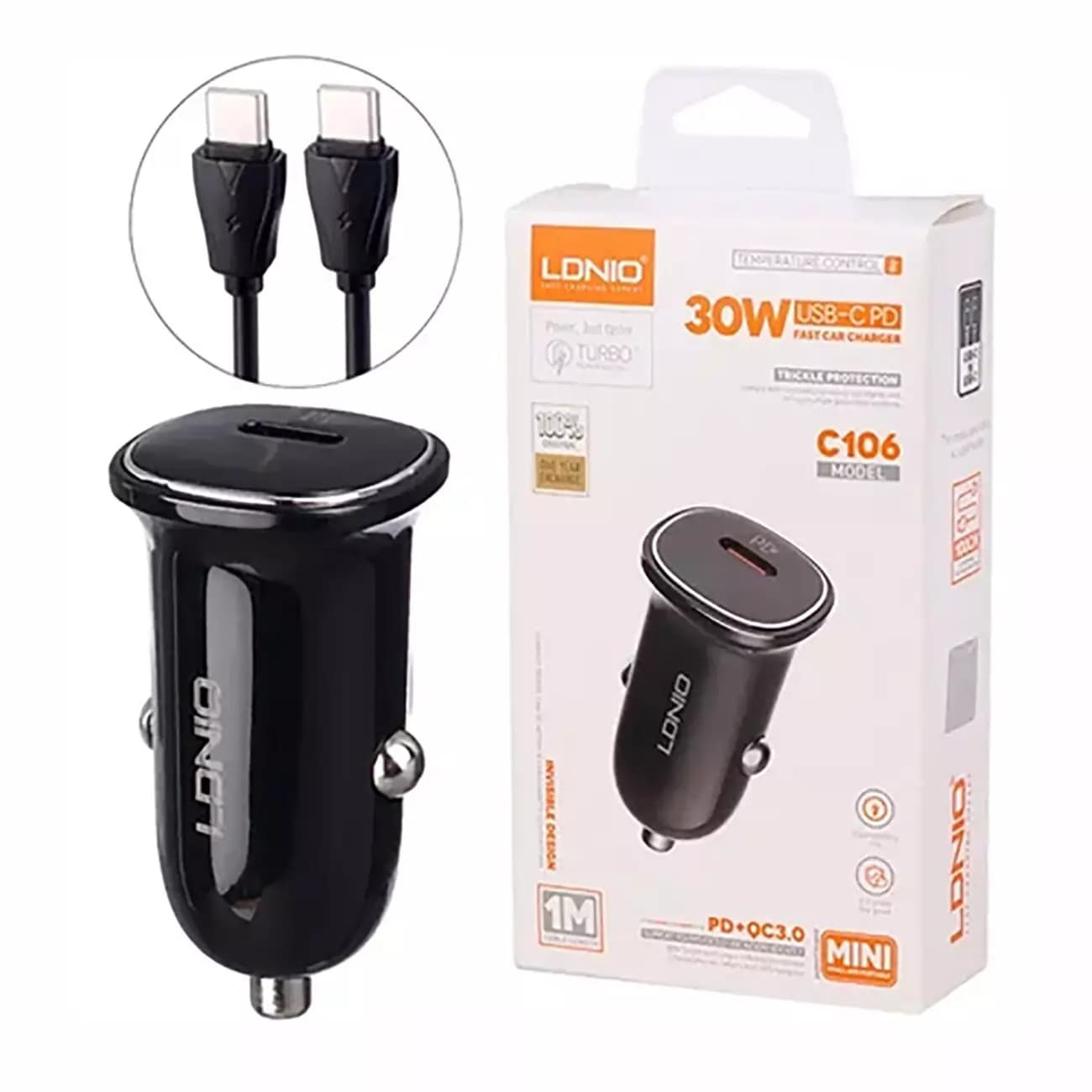 شارژر فندکی LDNIO مدل C106 با پورت USB-C با توان 30 وات + کابل