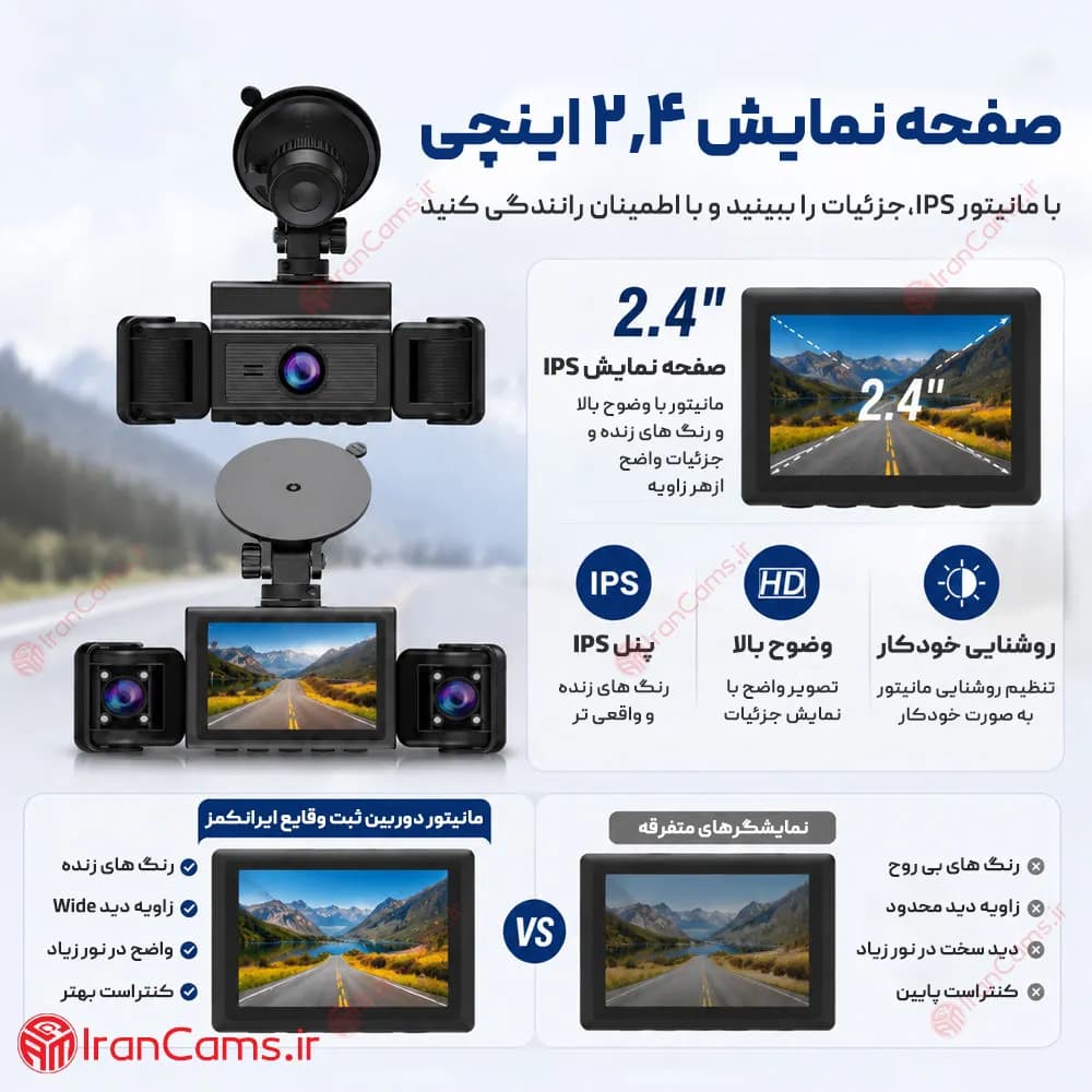 دوربین ثبت وقایع خودرو 360 درجه وای فای 4 لنز مانیتوردار مدل 4K-WI — تصویر ۶
