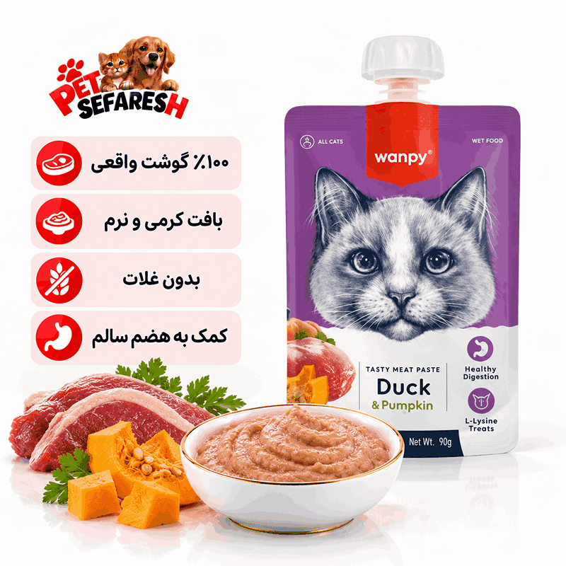 پودینگ گربه ونپی با طعم اردک و کدو حلوایی ۹۰ گرم | Wanpy Duck & Pumpkin Cat Pudding 90g