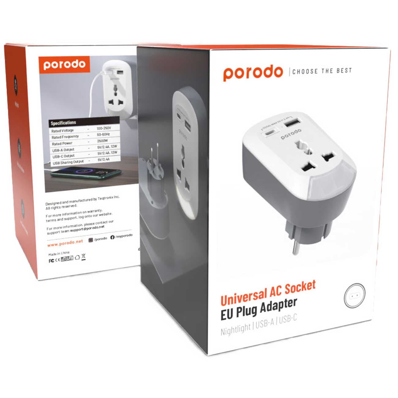 مبدل و چند راهی برق 2500 وات پرودو Porodo PD-MSACEU-WH Universal AC Socket EU Plug Adapter​ — تصویر ۵