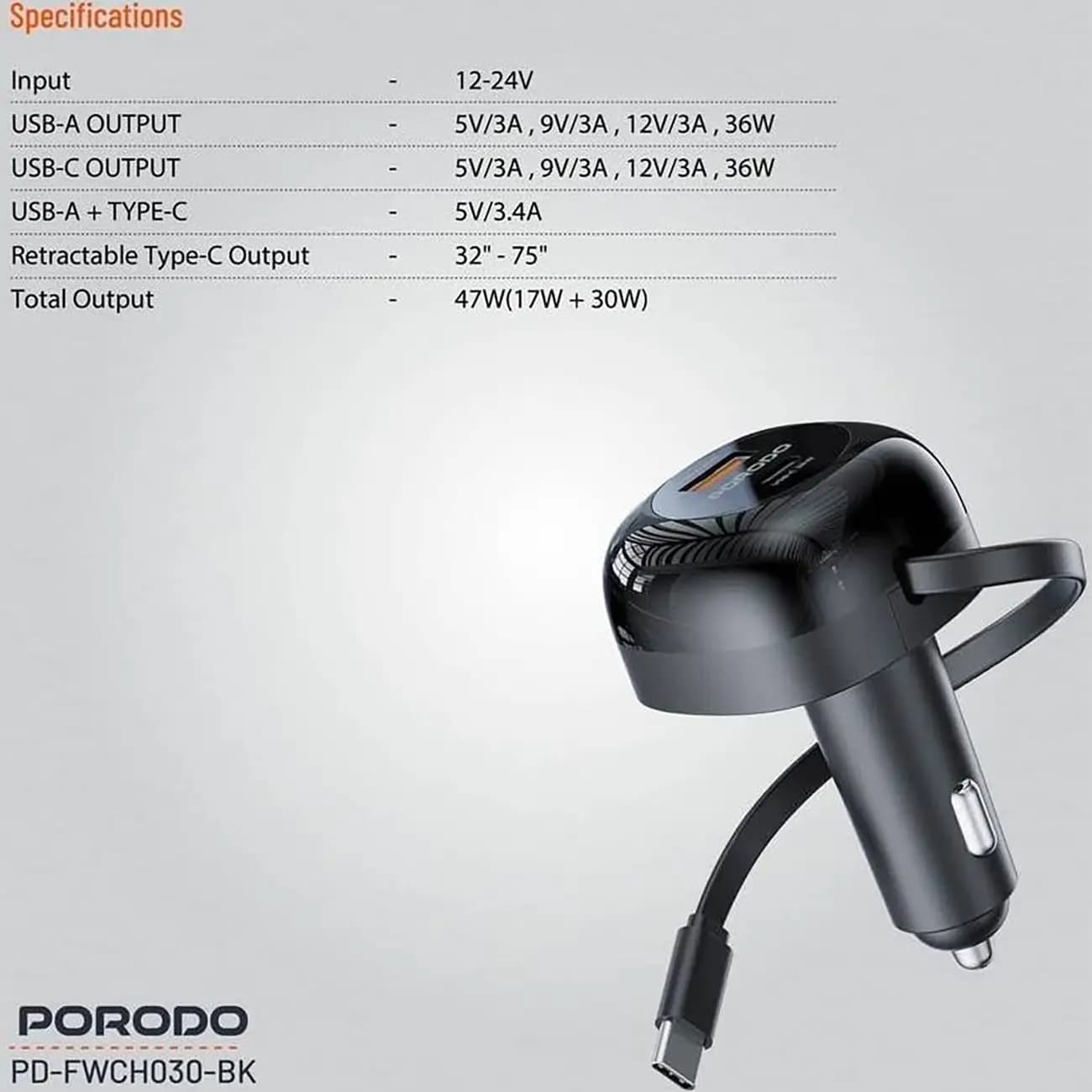 شارژر فندکی فست شارژ ماشین 47 وات Type-C و USB پرودو Porodo PD-FWCH030-BK — تصویر ۵