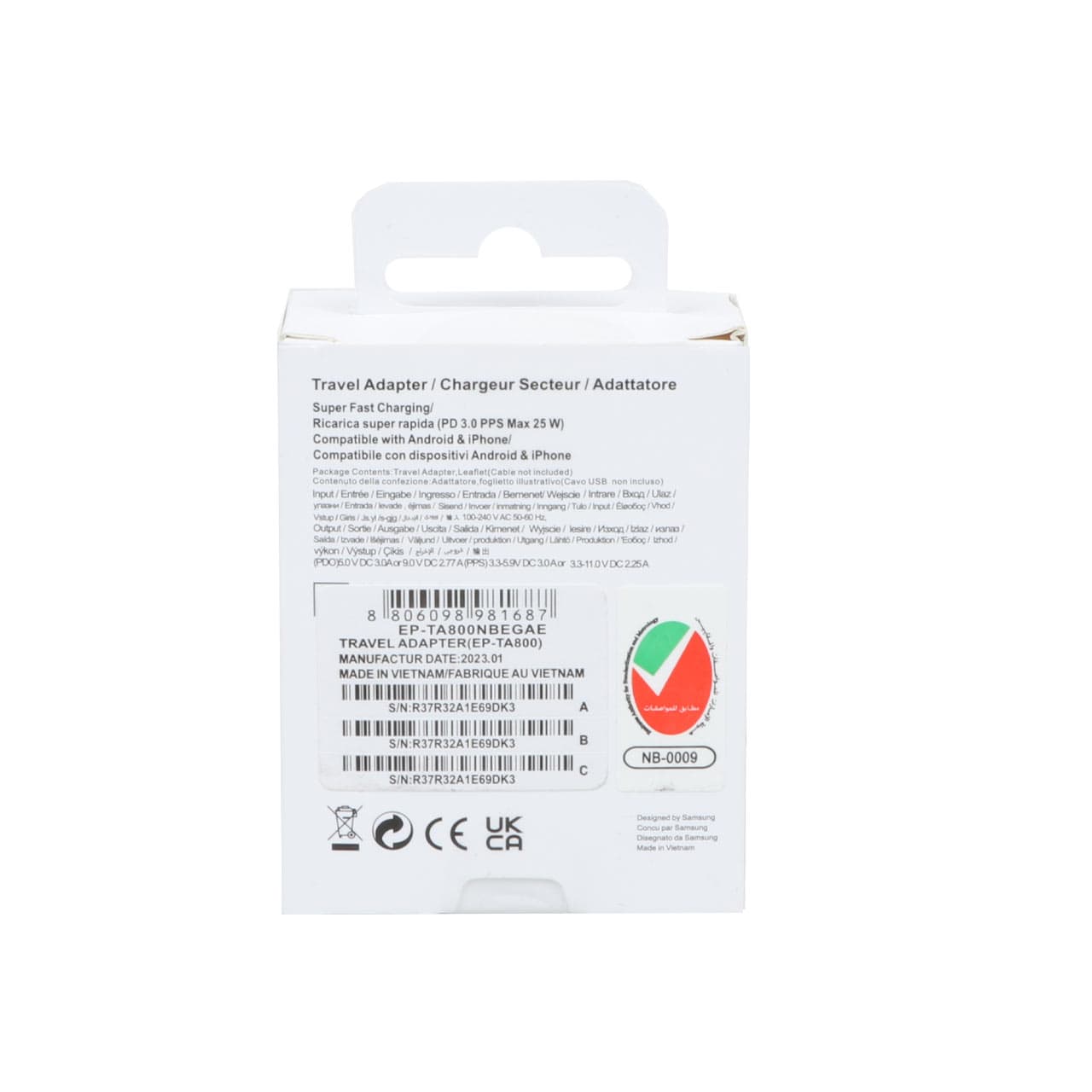 شارژر سه پین SAMSUNG 25W ch-hi+ TA800 ( فست و PD) سفید DST ( شش ماهه شرکتی) — تصویر ۴