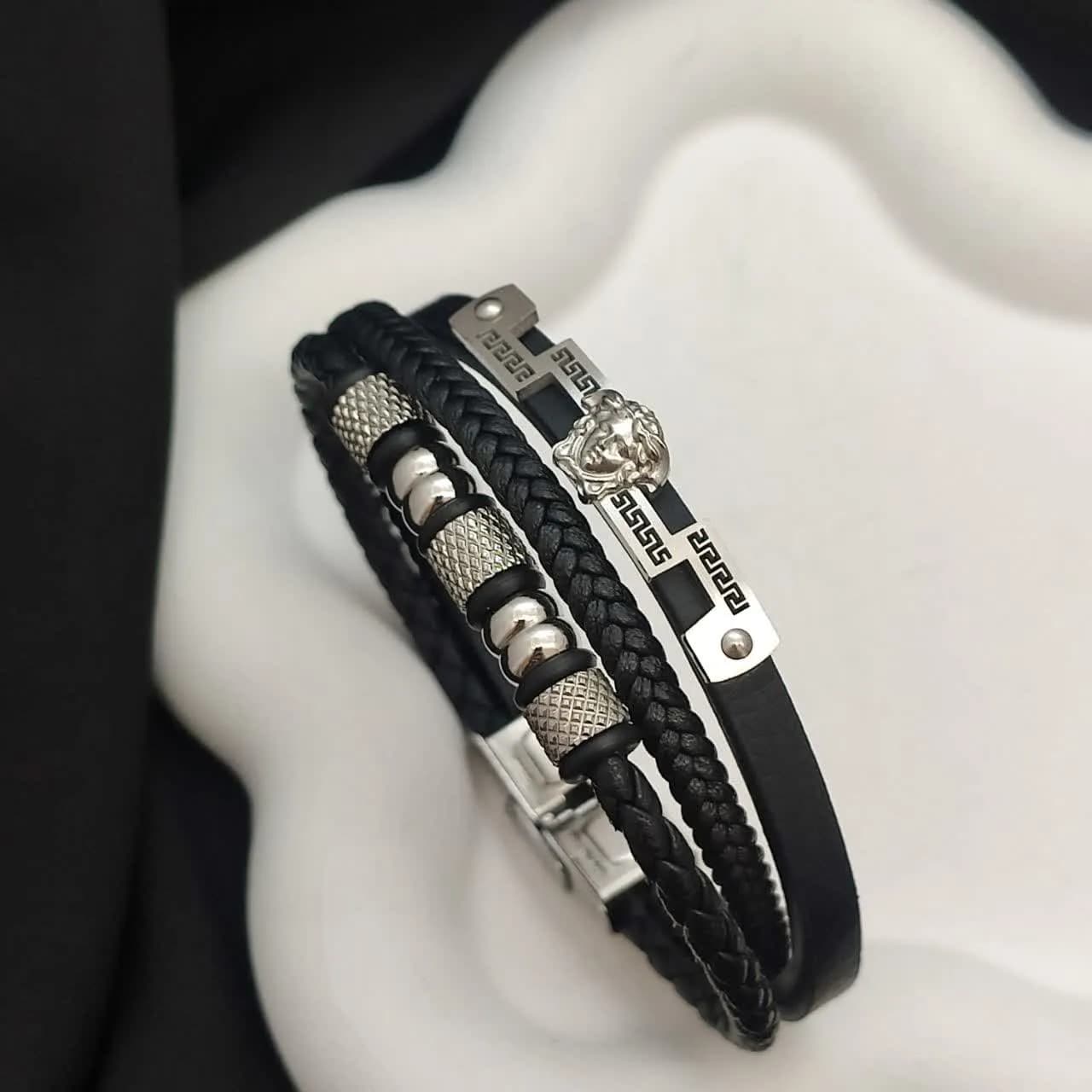 دستبند چرم مردانه ورساچه سه لاین طلایی و نقره ای کد 10485 — تصویر ۲