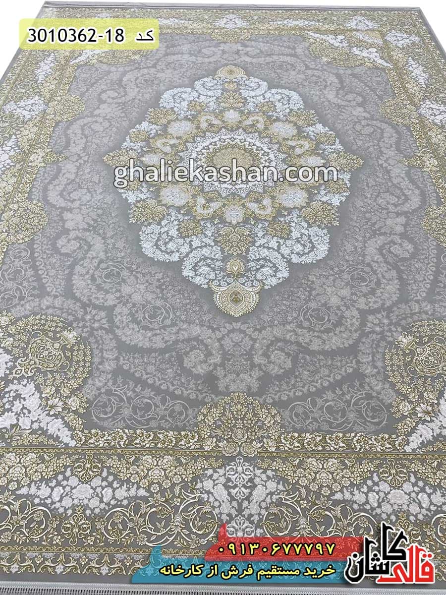 فرش طلاکوب 1200 شانه طرح کریستال زمینه ترمه ای کاشان – گل برجسته — تصویر ۳
