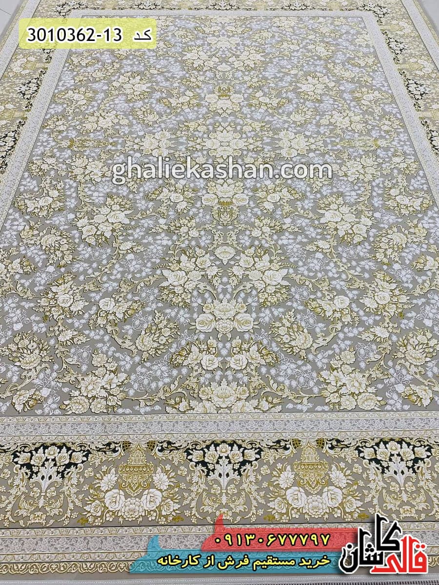 فرش طلاکوب 1200 شانه طرح افشان گل رز ترمه ای کاشان – گل برجسته — تصویر ۳