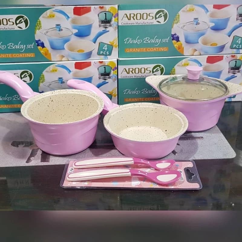 سرویس 4 پارچه ( نوزاد) مدل دیاکو صورتی گرانیت ( همراه با قاشق) – عروس