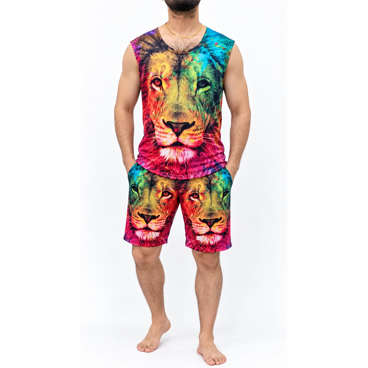 ست ورزشی مردانه رکابی و شلوارک چاپی Lion | لباس تابستانی فری‌سایز ۶۰ تا ۸۵ کیلوگرم — تصویر ۲