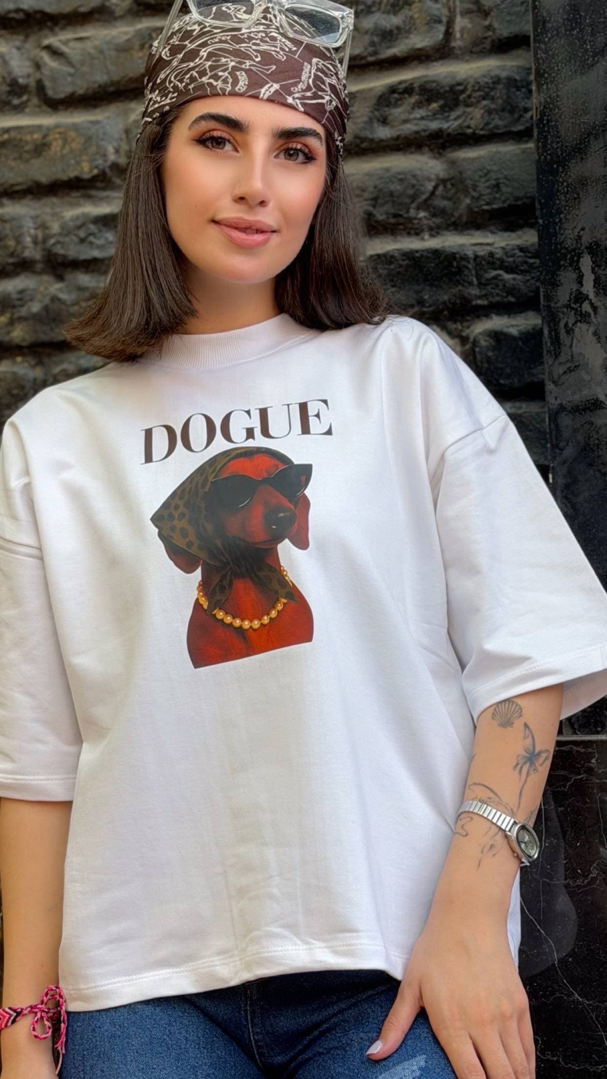 تیشرت دو نخ چاپ DOGUE آبتین سفید