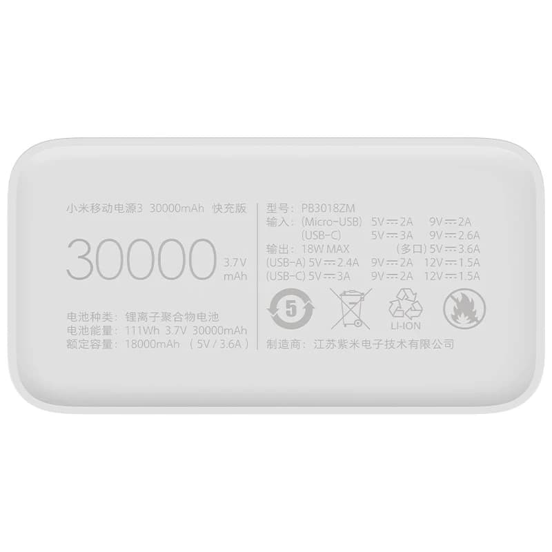 پاوربانک شیائومی PB3018ZM فست شارژ — تصویر ۳