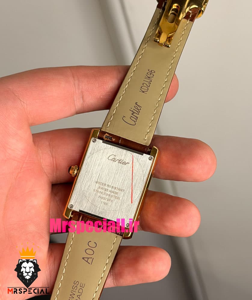 ساعت کارتیه مردانه تانک قاب طلایی بند چرم قهوه ای صفحه سفید Cartier Tank 021702 — تصویر ۵