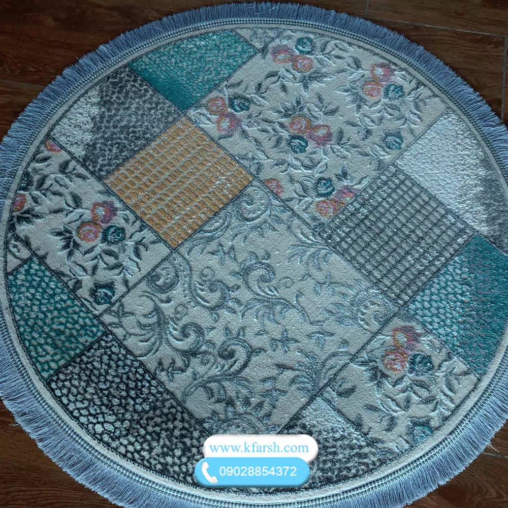 فرش گرد فانتزی کرم سبز گلبرجسته کد 1030