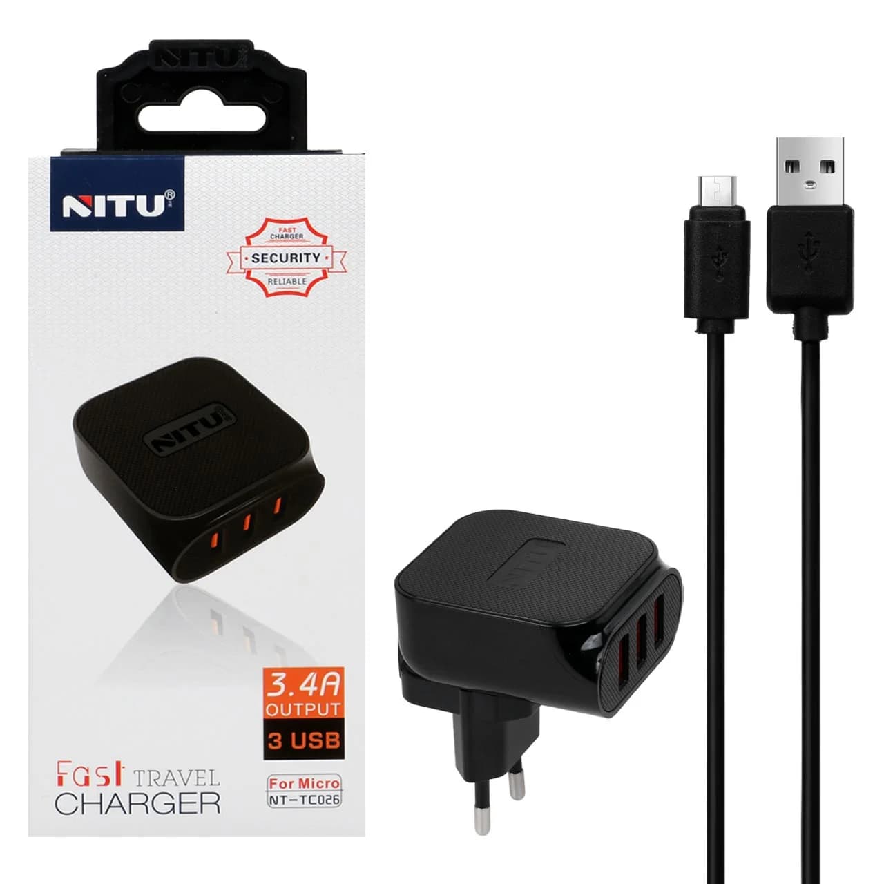 شارژر دیواری سه پورت NITU مدل TC026 به همراه کابل شارژ اندروید – مشکی — تصویر ۵