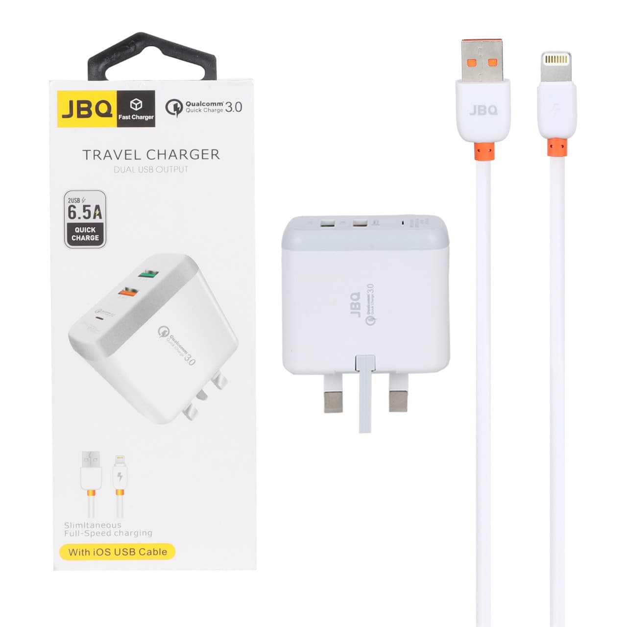 شارژر دیواری فست دو پورت JBQ مدل F-2USB 18W همراه با کابل آیفون – سفید (گارانتی یکساله رصاصی)
