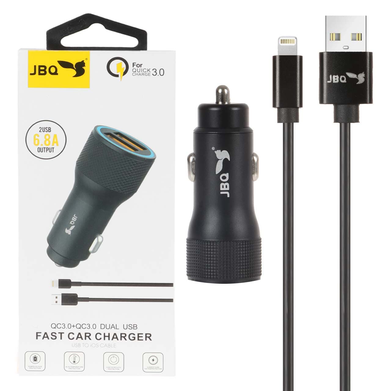 شارژر فندکی فست دو پورت JBQ مدل CC-D5 18W همراه با کابل آیفون – مشکی (گارانتی یکساله رصاصی)
