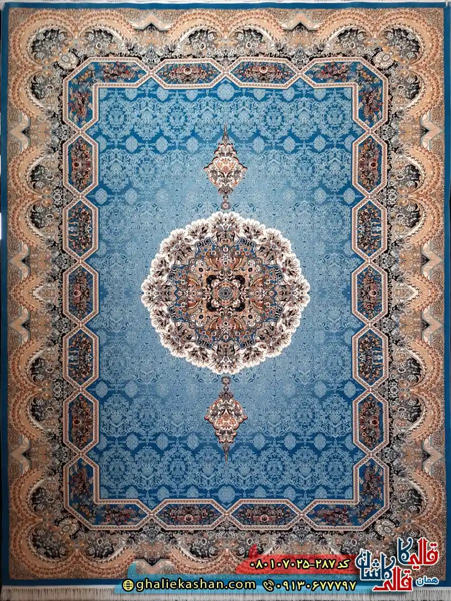 فرش طرح 700 شانه طرح هالیدی زمینه آبی کاشان — تصویر ۳