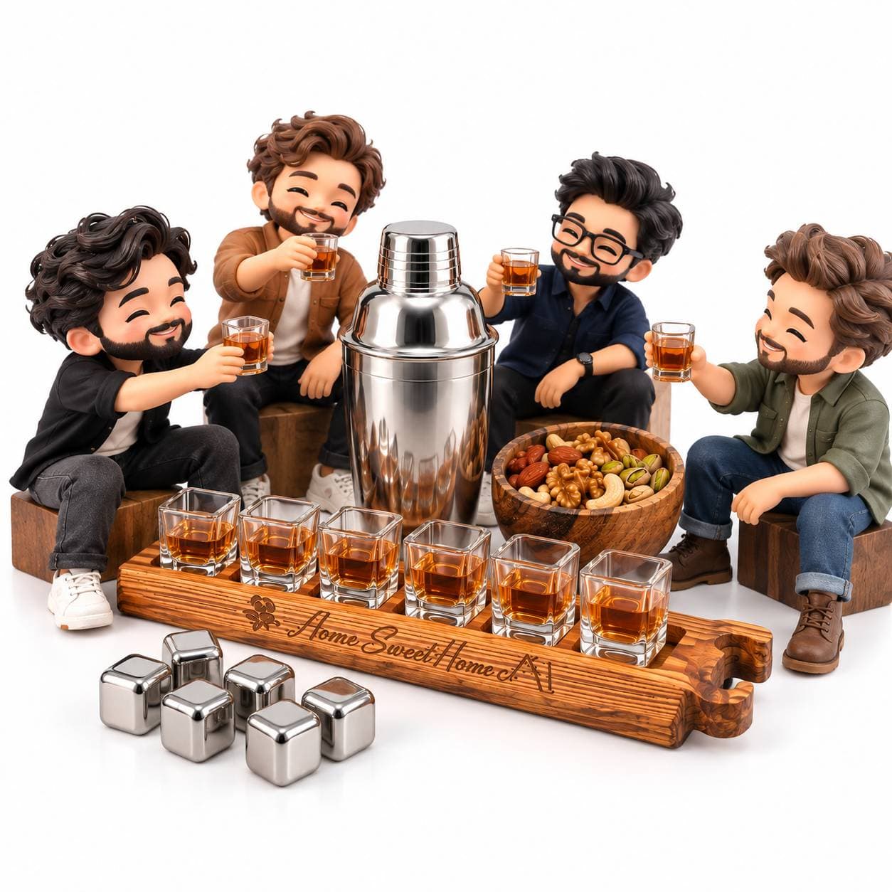 ست هدیه مردانه دینال | مجموعه شیکر استیل، ۶ شات شیشه‌ای و سینی چوبی34