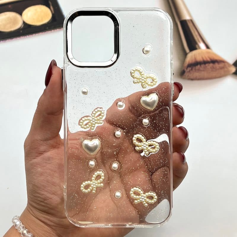 قاب گوشی iPhone 12 / iPhone 12 Pro آیفون Crystal Shine کریستالی شفاف شاین دار محافظ لنز برجسته Silver طرح قلب و پاپیون کد 118416