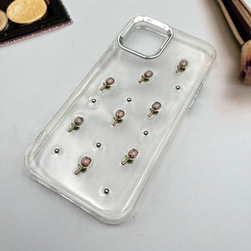 قاب گوشی iPhone 12 / iPhone 12 Pro آیفون Crystal Shine کریستالی شفاف شاین دار محافظ لنز برجسته Silver طرح گل کد 641872 — تصویر ۲
