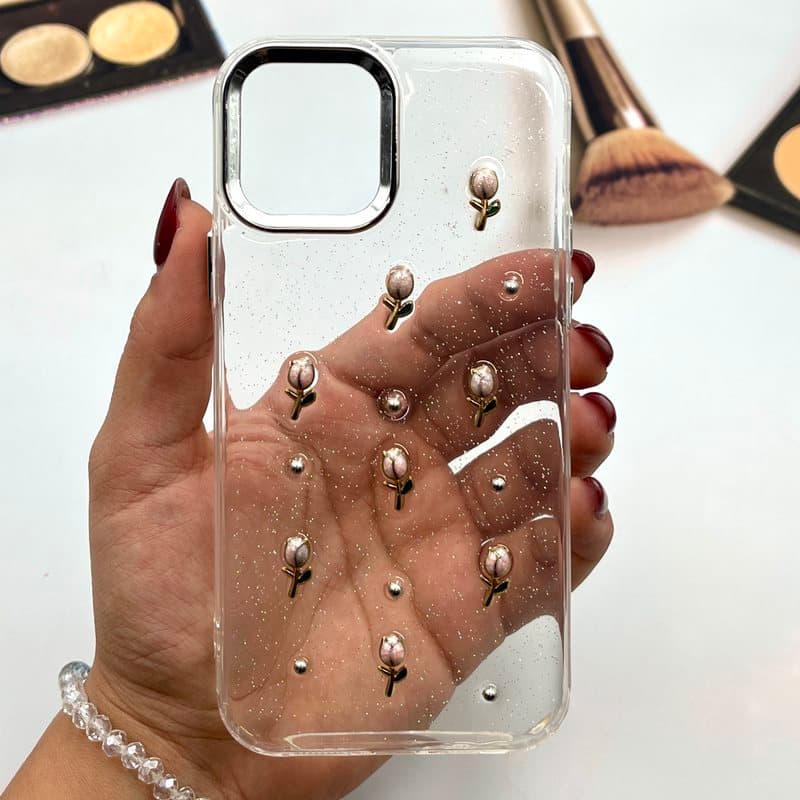 قاب گوشی iPhone 12 / iPhone 12 Pro آیفون Crystal Shine کریستالی شفاف شاین دار محافظ لنز برجسته Silver طرح گل کد 641872