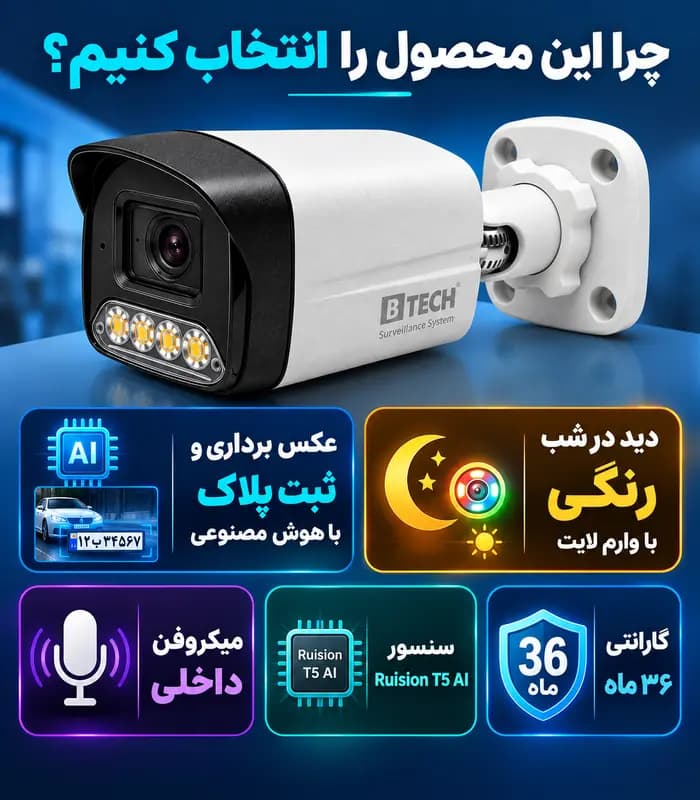 دوربین بولت IP کیفیت 5MP لنز 3.6mm دید در شب رنگی (وارم لایت) + پلاک خوان + میکروفن برند B-TECH مدل BMIP5WL-BT9088-A-LPR — تصویر ۷