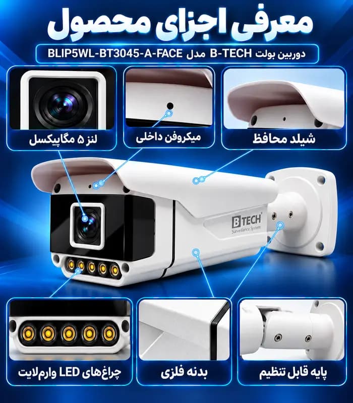 دوربین بولت IP کیفیت 5MP لنز 3.6mm دید در شب رنگی (وارم لایت) + تشخیص چهره + میکروفن برند B-TECH مدل BLIP5WL-BT3045-A-FACE — تصویر ۸