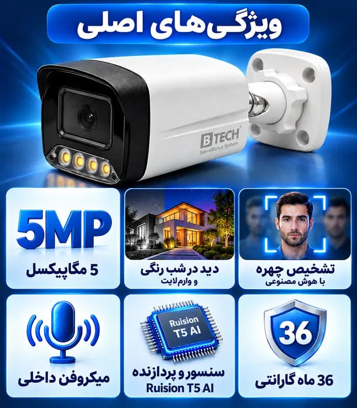دوربین بولت IP کیفیت 5MP لنز 3.6mm دید در شب رنگی (وارم لایت) + تشخیص چهره + میکروفن برند B-TECH مدل BMIP5WL-BT9810-A-FACE — تصویر ۶