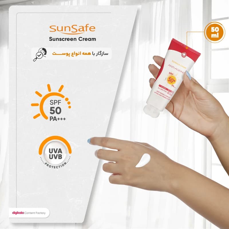 کرم ضدآفتاب و ضدچروک سان‌سیف بی رنگ spf 50+ ، حجم 50 میلی‌لیتر — تصویر ۵
