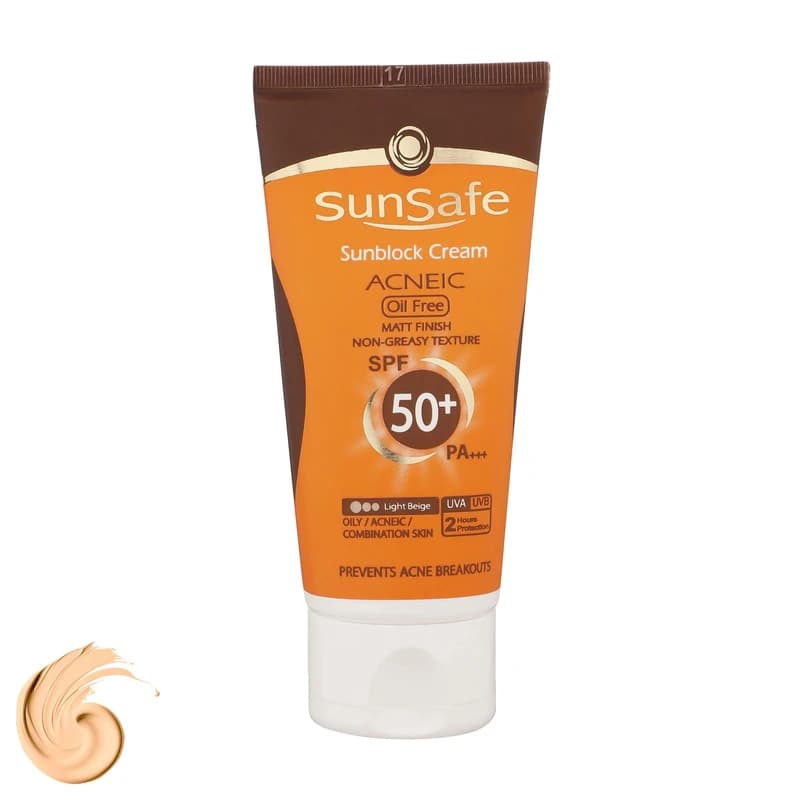 کرم ضدآفتاب و آنتی‌آکنه سان‌سیف رنگ بژ روشن مدل SPF50، مناسب پوست‌های چرب، حجم 50 میلی‌لیتر