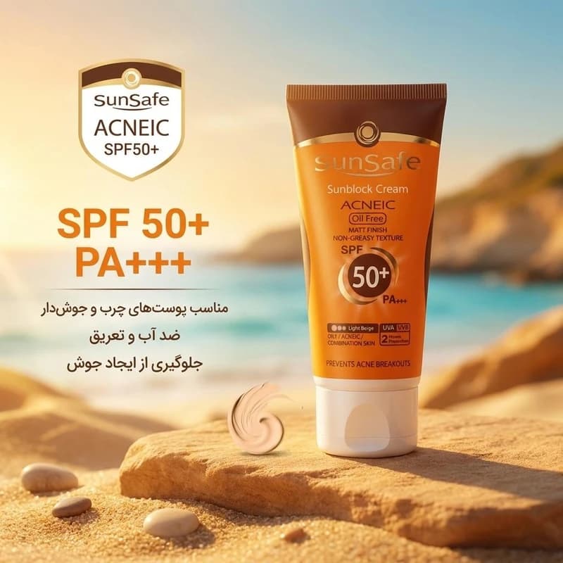 کرم ضدآفتاب و آنتی‌آکنه سان‌سیف رنگ بژ روشن مدل SPF50، مناسب پوست‌های چرب، حجم 50 میلی‌لیتر — تصویر ۲
