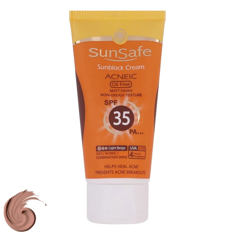 کرم ضدآفتاب و آنتی‌آکنه سان‌سیف رنگ بژ روشن مدل SPF35، مناسب پوست‌های چرب، حجم 50 میلی‌لیتر