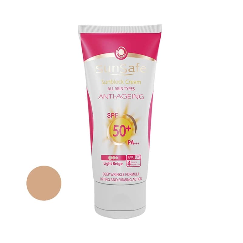 کرم ضدآفتاب و ضدچروک سان‌سیف رنگ بژ روشن مدل SPF50 مناسب انواع پوست، حجم 50 میلی‌لیتر