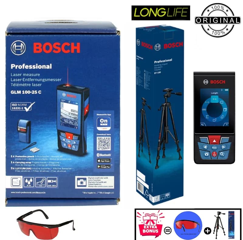 متر لیزری بوش مدل فوق حرفه ای دوربین دار GLM 100-25 C professional + BT150 + Red Glass Laser برد 100 متر — تصویر ۴