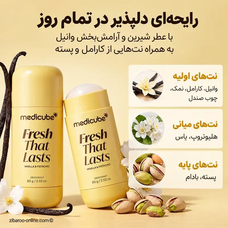 دئودورانت روشن‌کننده مدیکیوب وانیل و پسته MEDICUBE FRESH THAT LASTS DEODORANT حجم‌83g اصل — تصویر ۳